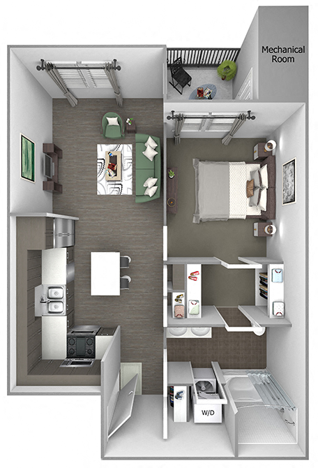 Floor plan for 1 bed, 1 bath, 705 sqft